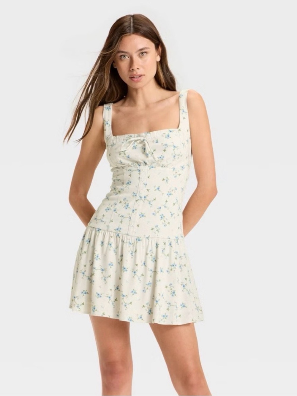 Wild Fable Floral Mini Dress Small Cream Blue Button Front Boho Cottagecore